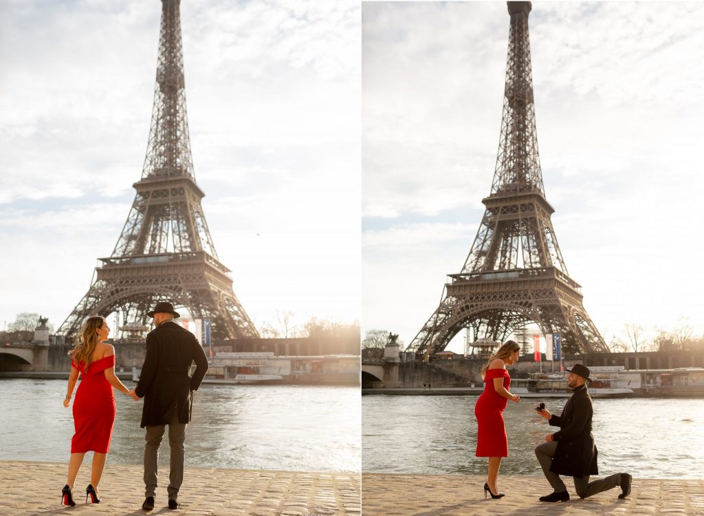 Wedding Paris photographer - surprise proposal around eiffel tower during sunrise with louboutin shoes