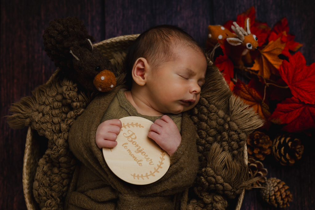 Nouveau-né emmailloté endormi dans un panier décor automne, studio Saint-Maur